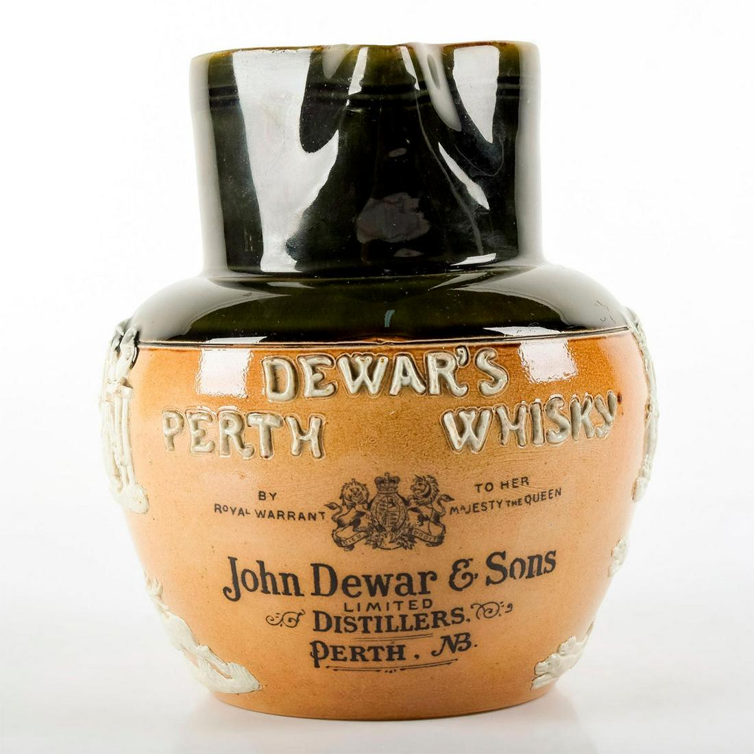 Doulton Lambeth Advertising Dewars Whisky Jug: Salt glazed tan colored body with green glazed rim; Dewar's Perth Whisky and stag hunting scene in relief. John Dewar and Sons Distillers. Doulton impressed backstamp. Weight: 1.5 lbs #jug #whisky