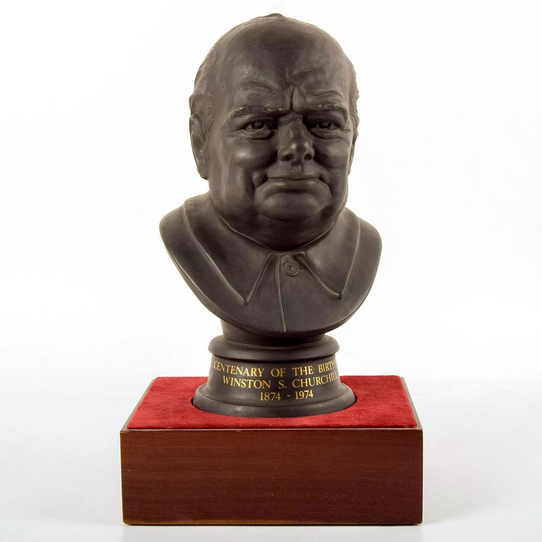 2pc Royal Doulton, Winston Churchill Bust and Base: Model number 201. Commemorate the centenary of the birth of Winston S. Churchill, 1874 - 1974. Comes with wooden stand. Royal Doulton backstamp. Good condition. Bust - 11"H x 6"W. Base - 2.5"H x 8"W. 