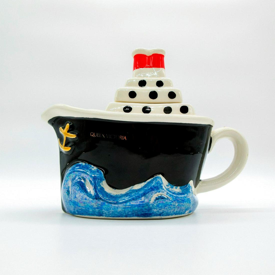 Tony Carter Ceramic Collectable Teapot, Queen Victoria: Modeled after "Queen Victoria" cruise ship. Gold gilt accents. Tony Carter backstamp. Comes with certificate. Artist: Tony Carter Issued: 20th c. Dimensions: 8.5"W x 7.5"H Manufacturer: Carter