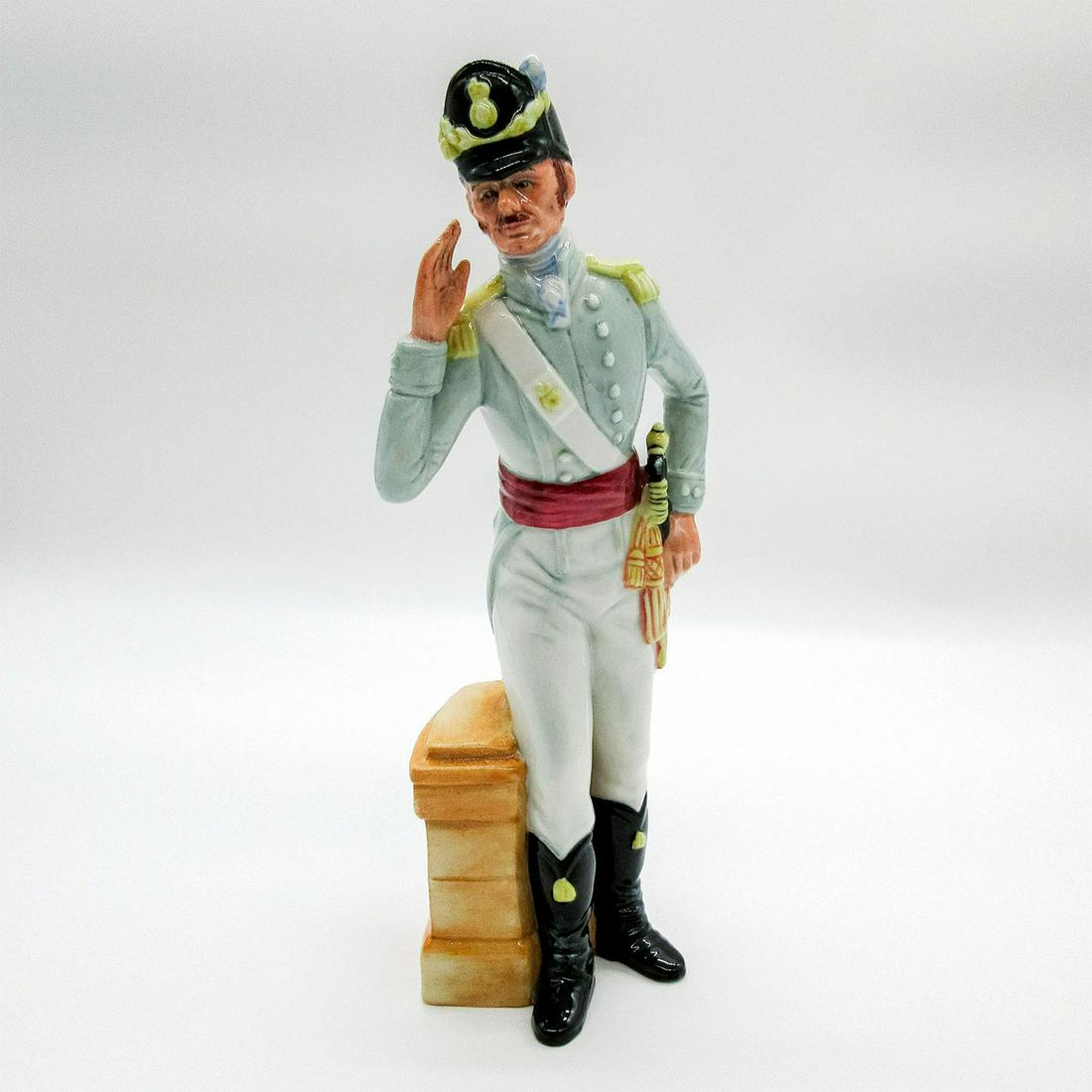 Morning Ma'am HN2895 - Royal Doulton Figurine: Soldier in light blue uniform with black boots and hat. Glazed finish. Royal Doulton backstamp. Weight: 11.8oz #morningmaam #figurine Artist: William Harper Issued: 1985 Dimensions: 9"H Manufacturer: