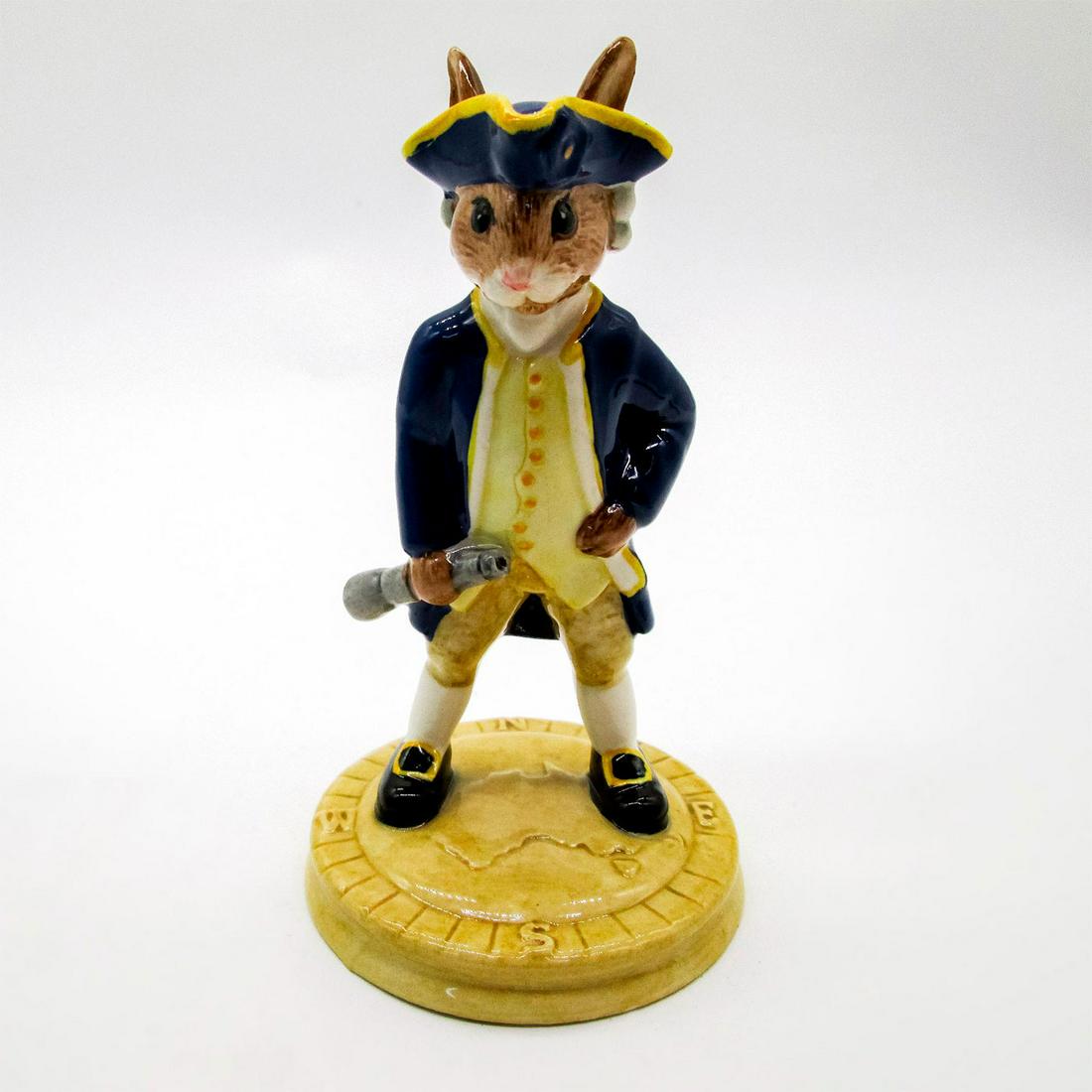 Captain Cook Bunnykins DB251 - Royal Doulton Bunnykins: Captain in blue jacket and hat with yellow trim, cream vest and pantaloons. With certificate. Limited edition number 2148 of 2500. Royal DOulton backstamp. #captain #cook #bunnykins Artist: Wendy Boyc