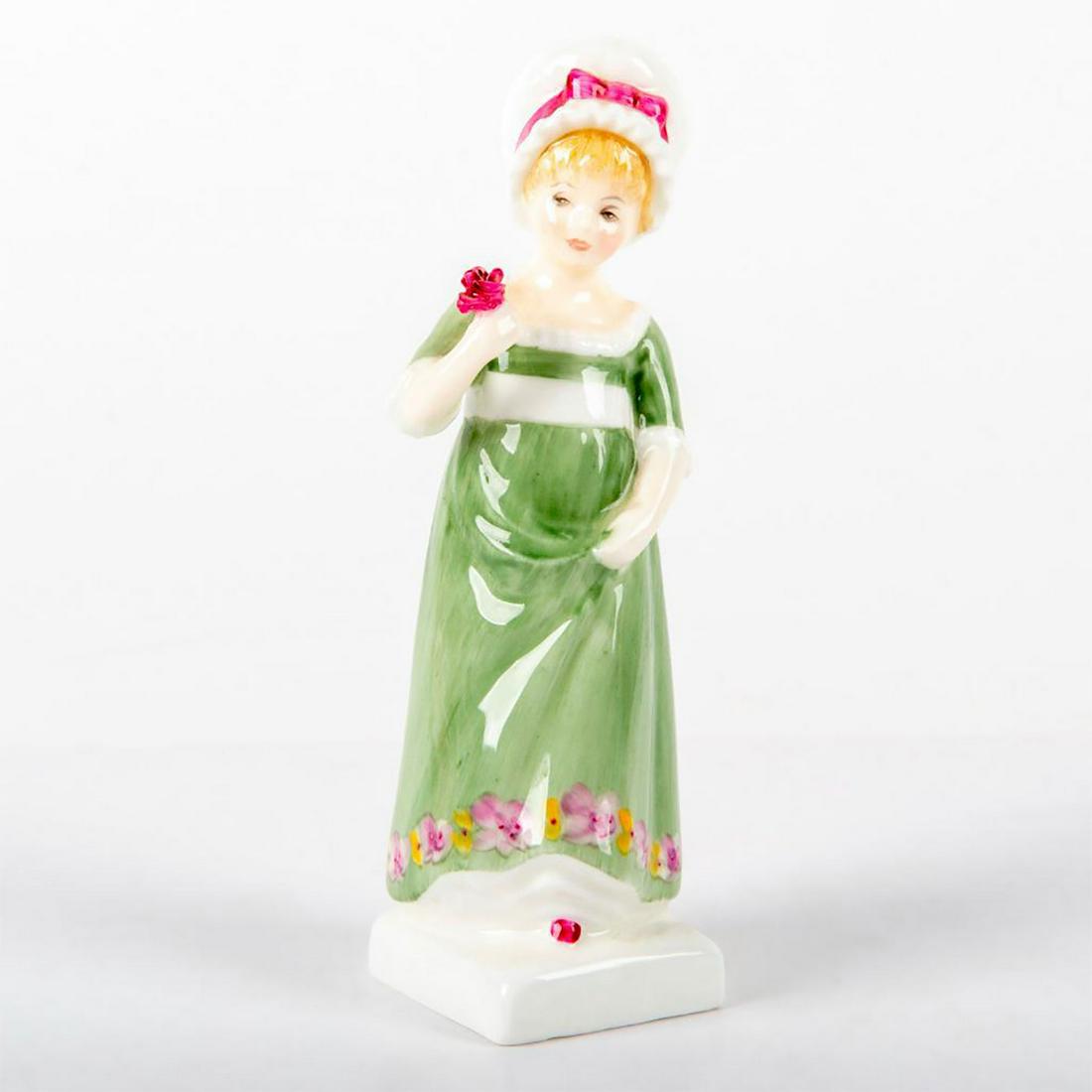 Ruth HN2799 - Royal Doulton Figurine: Young girl in green dress with white bonnet holding a single pink rose. Kate Greenaway Collection. Royal Doulton backstamp. Artist: Peggy Davies Issued: 1976 - 1981 Dimensions: 6"H Manufacturer: Royal