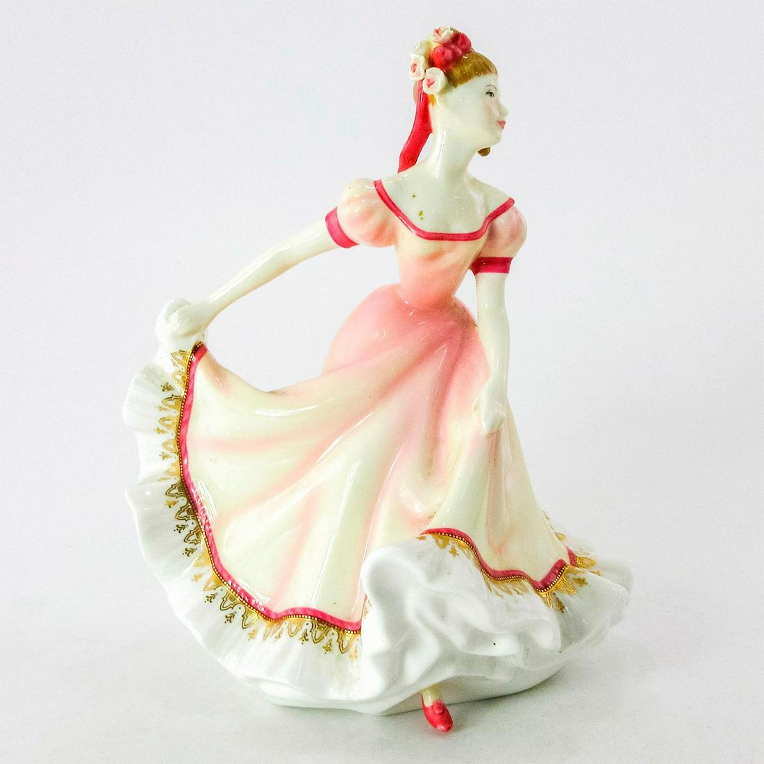 Jessica RA20 - Royal Albert Figurine: 100 Years Series. Bone China porcelain hand crafted in pink dress with white and gold border and flowers in hair. Royal Albert backstamp. #royalalbert #rose Issued: 21st c. Dimensions: 7.25"H Manufact