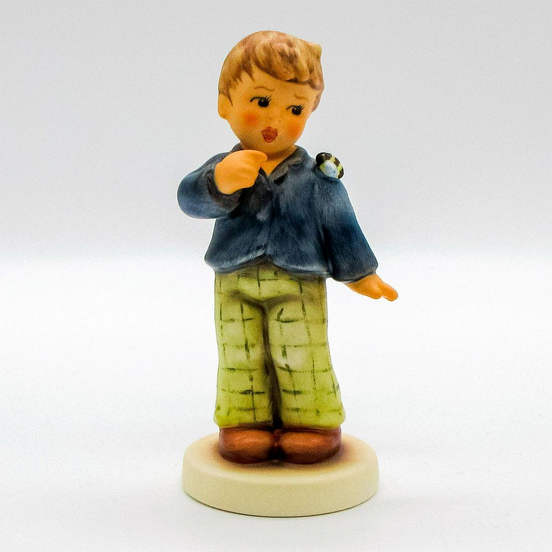 Who Are You 2295 - Goebel Hummel Figurine: Exclusive edition hand painted boy with bee on shoulder. Boy with blue blazer and yellow trousers. Hummel backstamp. #hummel #whoareyou #boywithbee Issued: 2014 Dimensions: 4.5"H Manufacturer: Goebel