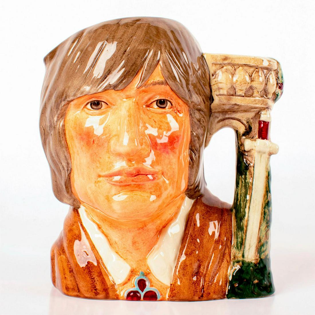 Romeo D6670 - Large - Royal Doulton Character Jug: Brown and white coloration. The hero of Shakespeare's 1596 romantic play, Romeo falls in love with Juliet, the daughter of a Verona family feuding with his own. The lives of these two clandestine love