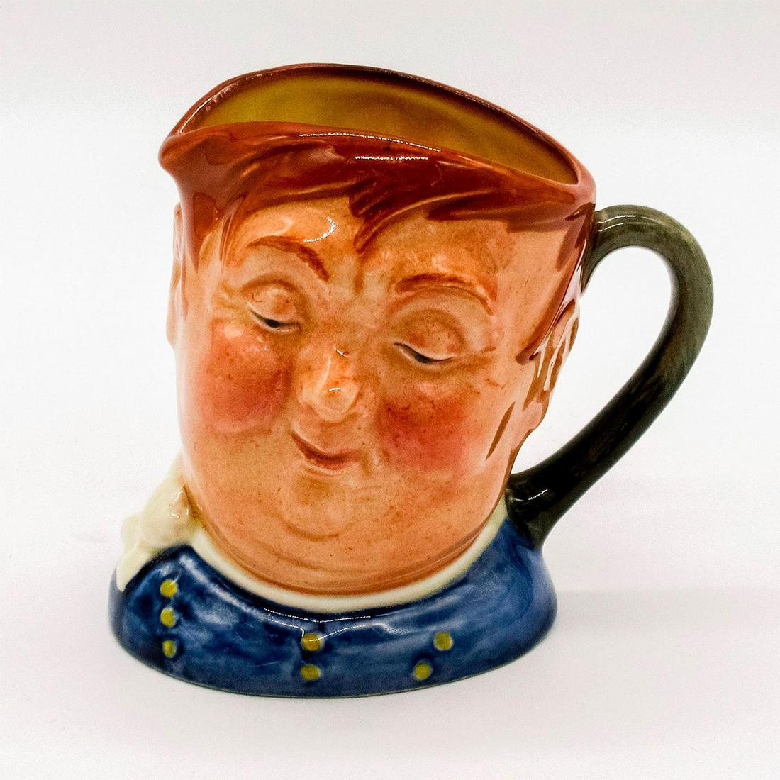 Fat Boy D5840 - Small - Royal Doulton Character Jug: Blue shirt; white scarf. Another wonderful Dickens character , Joe, the Fat Boy, was the lazy glutton who worked as servant to Mr. Wardle in "The Pickwick Papers." Artist: Leslie Harradine and Harry F