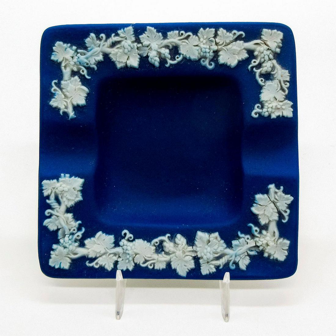 Wedgwood Blue Jasperware, Square Ashtray: Small ashtray; grapevine design in white sprigged decoration. Wedgewood impressed on the bottom. #wedgwood Issued: 20th c. Dimensions: 3.25"W x 0.75"H Manufacturer: Wedgwood Country of Origin: England