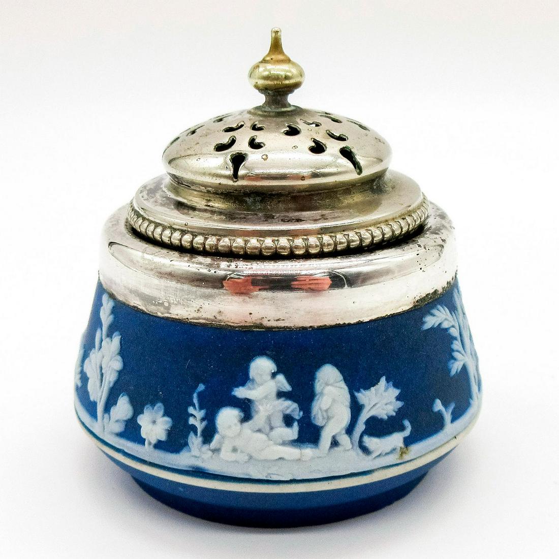Wedgwood Blue Jasperware, Miniature Potpourri Jar: Rare miniature incense/potpourri jar with silver lid, dipped in blue Jasperware with Neoclassical scenes in white relief. Impressed Wedgwood backstamp. Age-related wear. #wedgwood #jasperware Issued: 