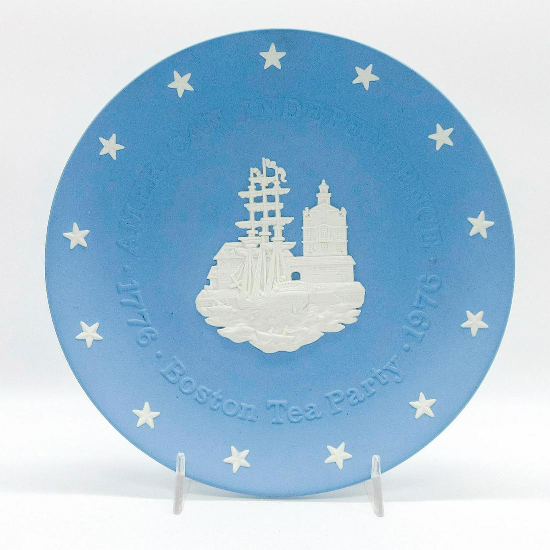 Wedgwood Jasperware Plate, American Independence: Boston Tea Party. Pale blue ground; central scene in white relief. Celebrates 200 years of American Independence 1776-1976. Wedgwood backstamp. #plate Issued: 20th c. Dimensions: 8" dia Manufacturer: 