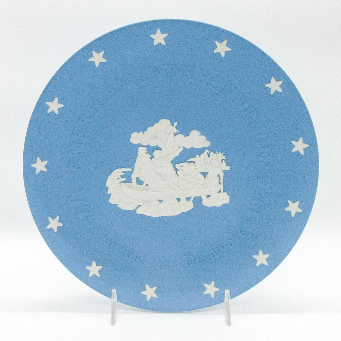 Wedgwood Jasperware Plate, American Independence, Delaware: Across the Delaware scene. Pale blue ground; central scene in white relief. Celebrates 200 years of American Independence 1776-1976. Wedgwood backstamp. #plate Issued: 20th c. Dimensions: 8.25" dia Ma