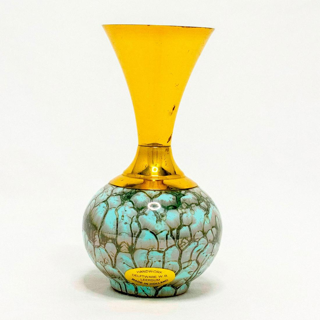 Unusual Delft Vase Mid-Century Modern Lustre Glaze: Turquoise vase with lustre finish and branch patterning. Round body. Brass spout. Original stickers along the side and bottom. #delft #delftware #brass Issued: 20th c. Dimensions: 5.2"H Manufacturer: 