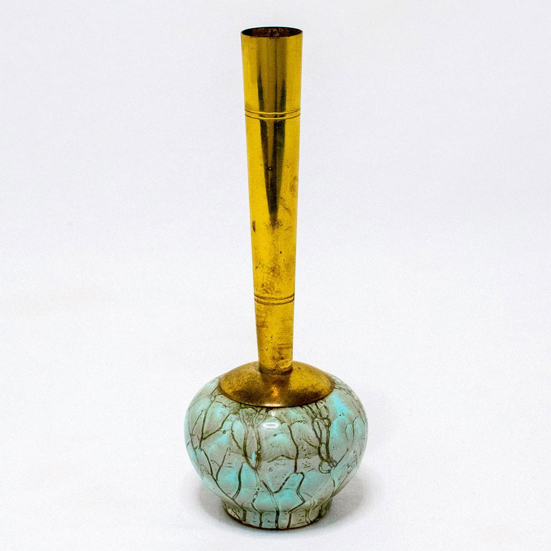 Unusual Delft Vase Mid-Century Modern Lustre Glaze: Turquoise vase with lustre finish and branch patterning. Narrow brass spout. 'Handpainted. Delft. Holland' backstamp. #delft #delftware #brass Issued: 20th c. Dimensions: 6.5"H Manufacturer: Delft Cou