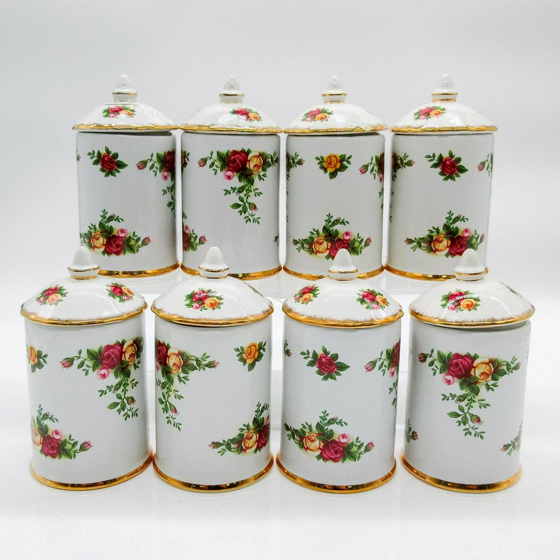 8pc Royal Albert Spice Jars, Old Country Roses: 8 glossy bone china spice jar with lids. Each jar is decorated with gold rims and old country roses pattern. Royal Albert backstamp. #SpiceJar #OldCountryRoses #RoyalAlbert Issued: c. 1962 Dimensions: