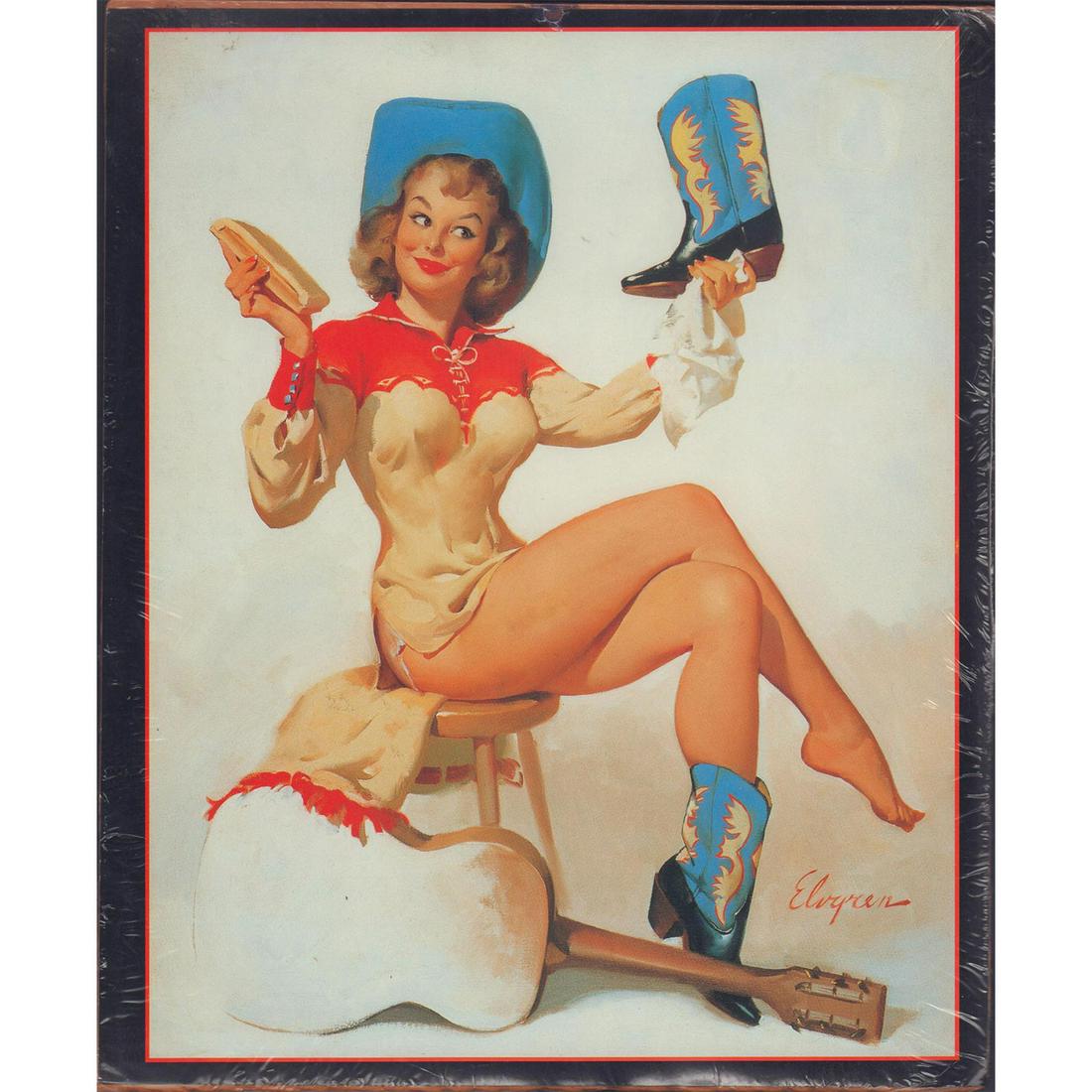 Gil Elvgren Print, A Polished Performance: Paper print of Gil Elvgren's pin-up painting, A Polished Performance, from 1964. Depicts a cowgirl polishing her boot. Print date unknown. Still sealed in its' original plastic and cardboard backing.