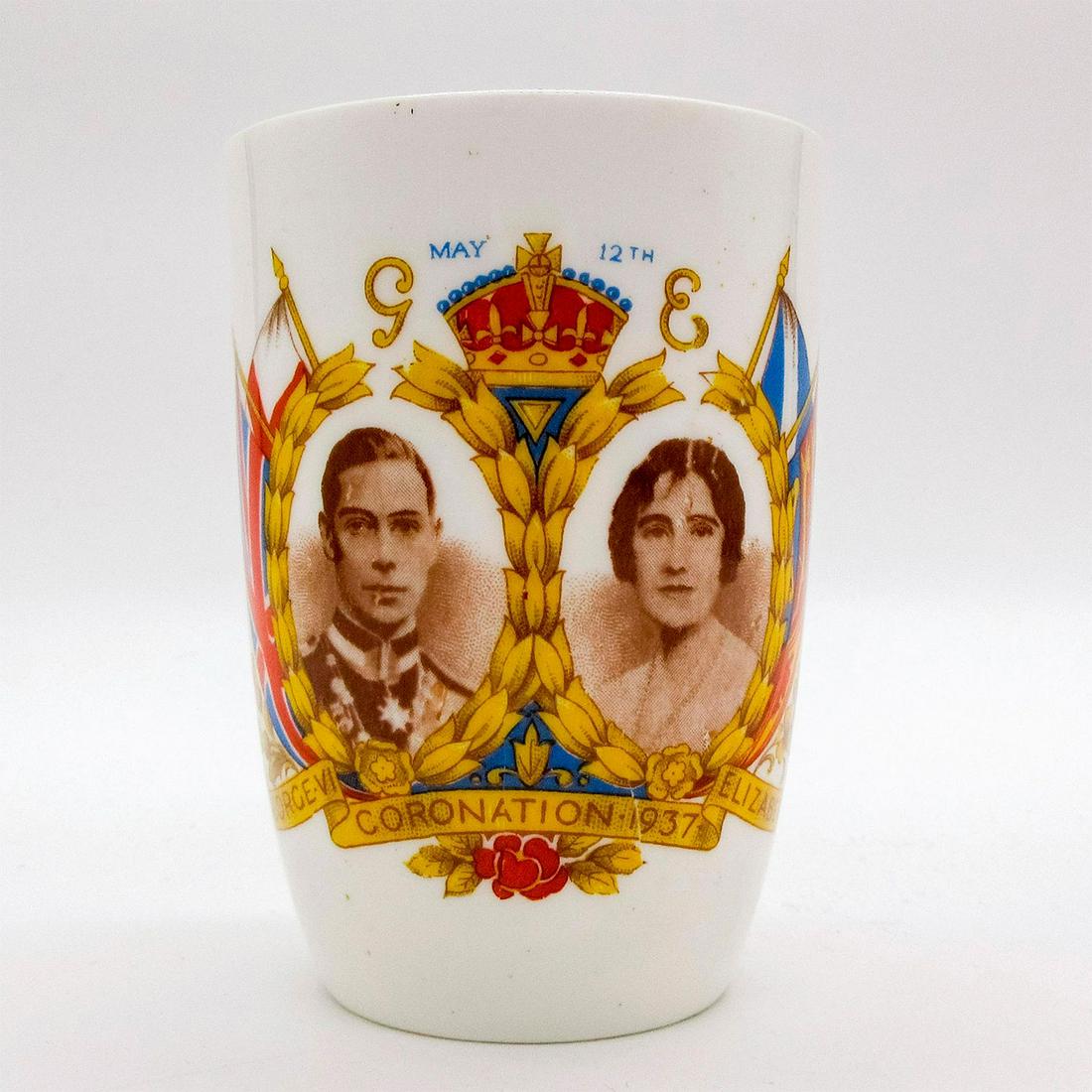 Royal Doulton Coronation 1937 Beaker: Commemorative beaker; King George VI and Queen Elizabeth coronation 1937. Royal Doulton backstamp. #UK #RoyalFamily Dimensions: 3.5"H x 2.5" dia. Edition Number: 1937 Manufacturer: Royal Doulton Count