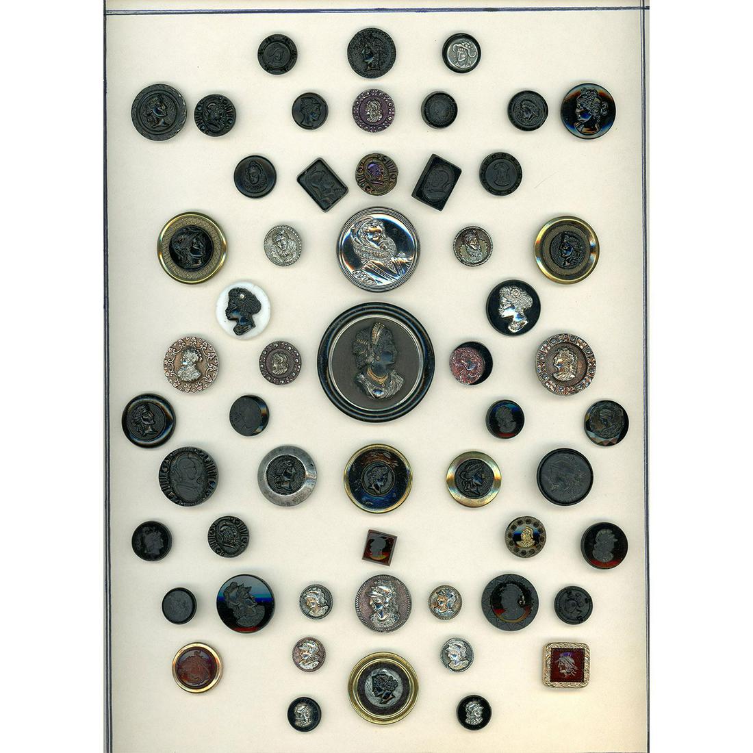 A CARD OF BLACK GLASS & BLACK GLASS IN METAL HEADS (1 of 4)