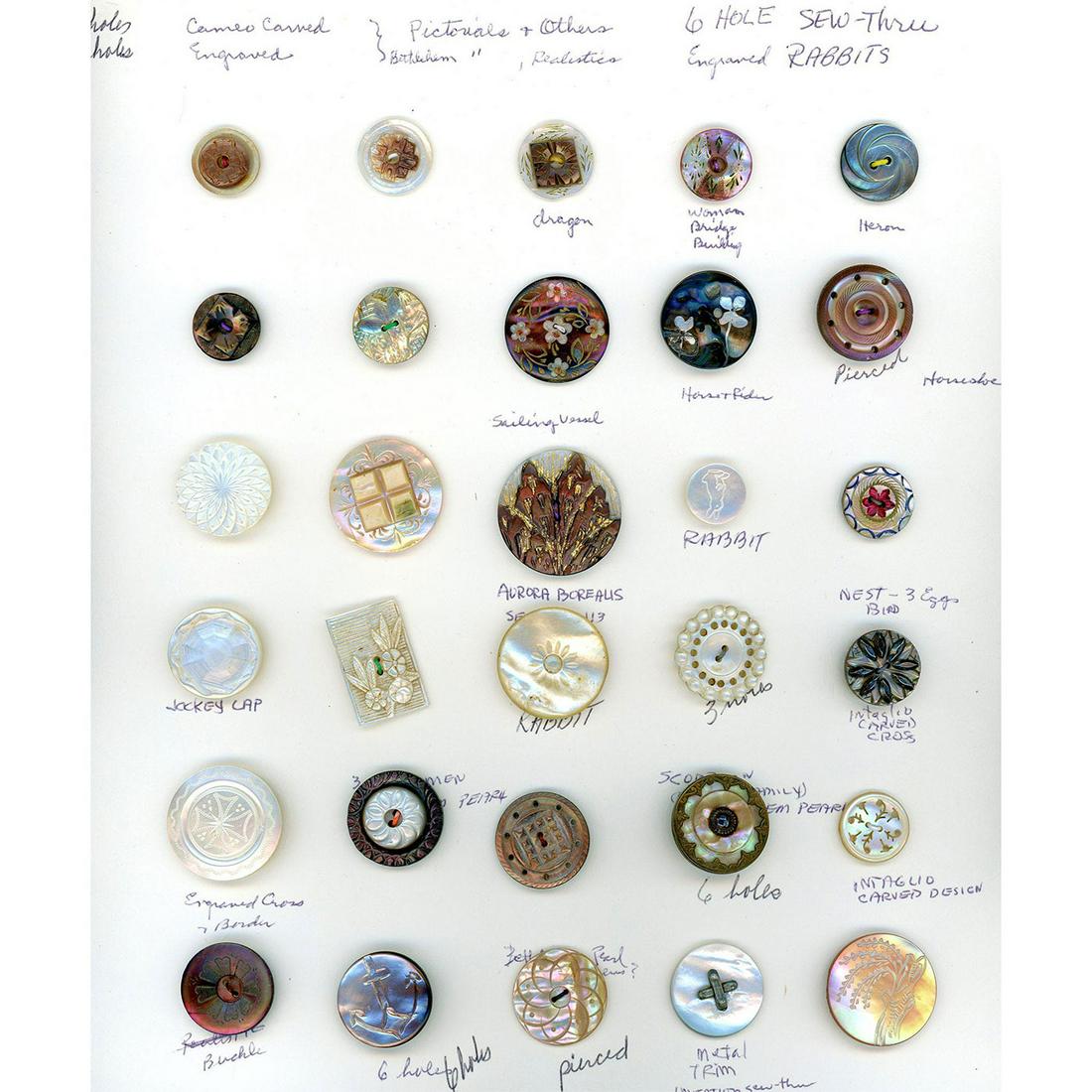 A CARD OF MOSTLY DIVISION ONE PEARL BUTTONS (1 of 5)