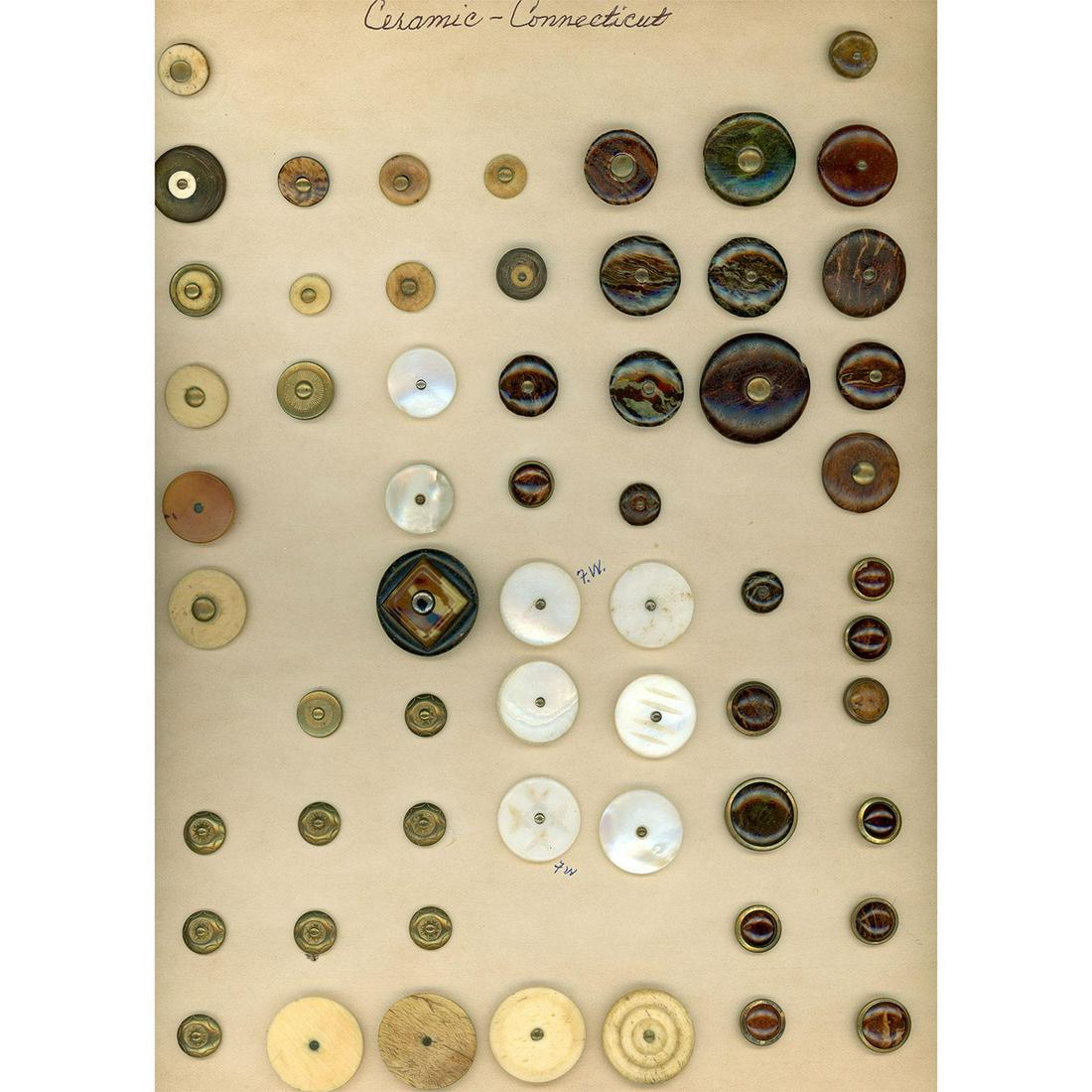 A FULL CARD OF ASSORTED PINSHANK BUTTONS INCL. 18TH C.: 59 S/M 18th and 19th century pin shanks including Norwalk pottery. I dont think I have ever seen anyone create a card of pin-shank buttons like this before. Priscilla Stewart of New Hampshire must hav