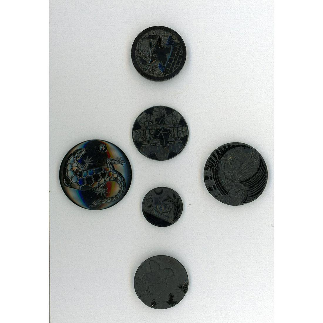 A SMALL CARD OF DIV. ONE BLACK GLASS PICTORIAL BUTTONS (1 of 5)