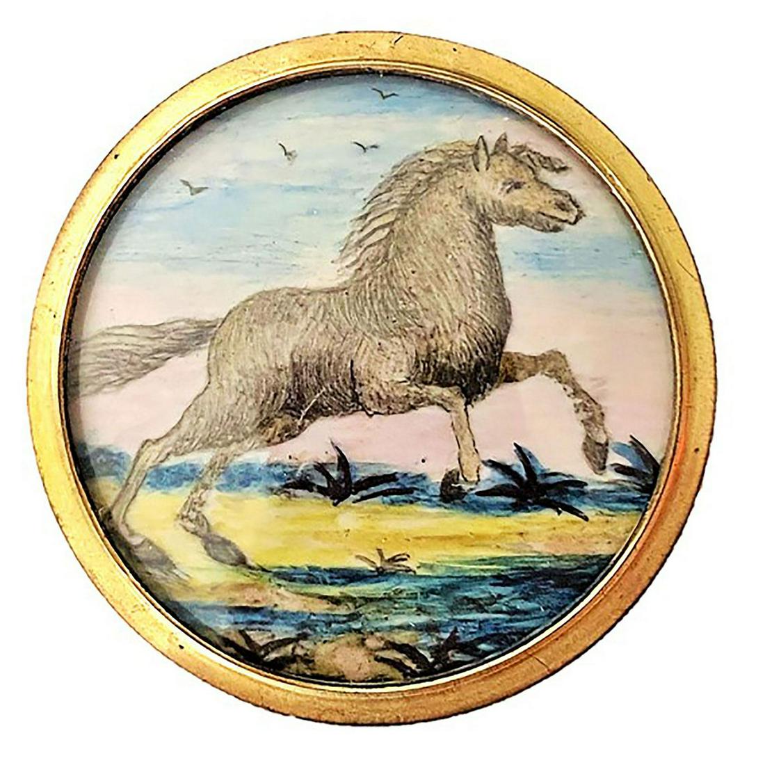 ONE OF THE 4 RAREST BUTTONS IN THIS AUCTION-HORSE: 1 Very large 19th C. painting under glass Horse button, very rare. This button came from a family member but originally from the collection of George and Viviane Ertell (Viviane wrote the book, The Co