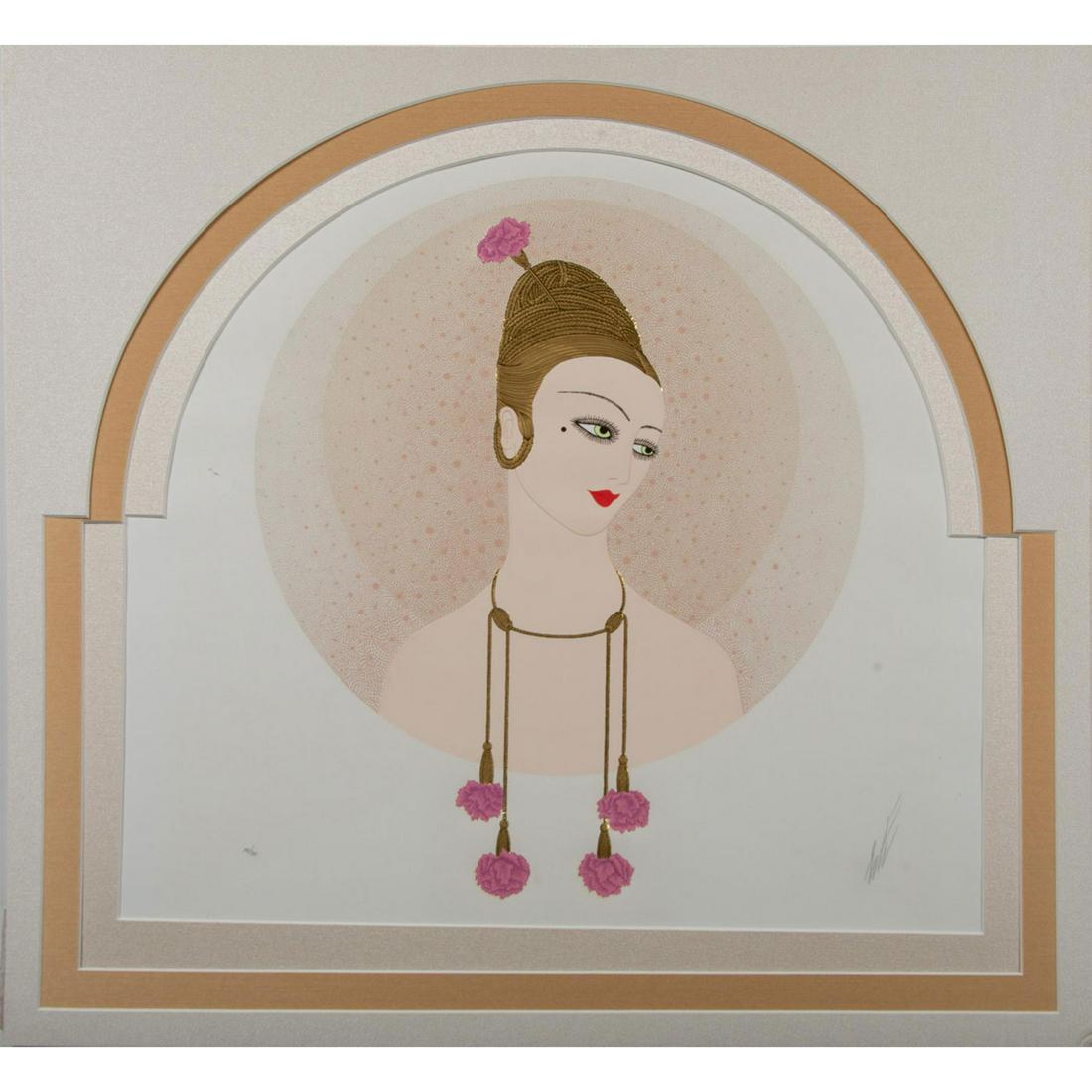 Erte (French, 1892-1990) Signed Serigraph, Carnations: Signed on lower right. Numbered on lower left; 180/300. Embossed and gold embellishment accent. No frame, comes with mat board. Romain de Tirtoff was a Russian born French artist known by the name, Er