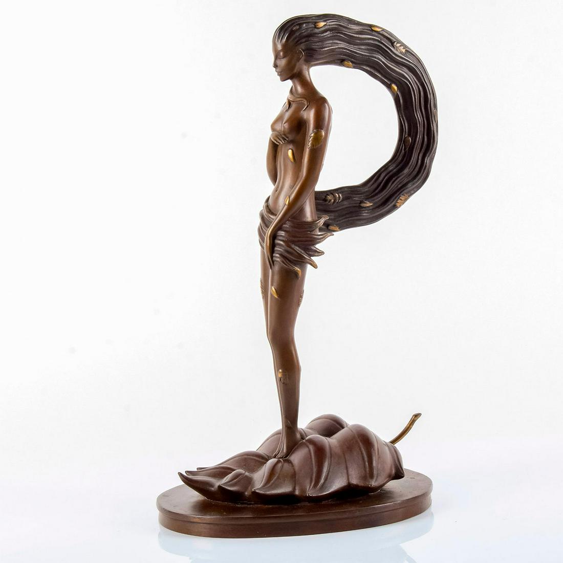 Erte (French, 1892-1990) Bronze Sculpture, Autumn: Limited edition of 250; bronze with polychrome; nude woman with long hair standing on a large leaf. Foundry mark for RKP International Corp. Erte signature, edition number, and date etched into base. 