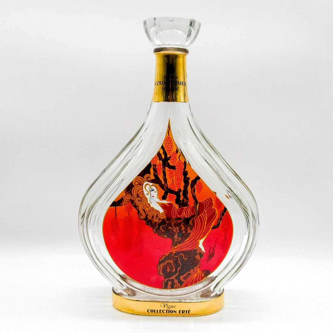Courvoisier Erte Collection Cognac No. 1, Vigne: Vine. Limited edition. Hand crafted decanter made for a rare blend of the finest cognac in France. Cognac not included. Erte uses vivid colors to reflect warmth and sensuality of the cognac. From an e