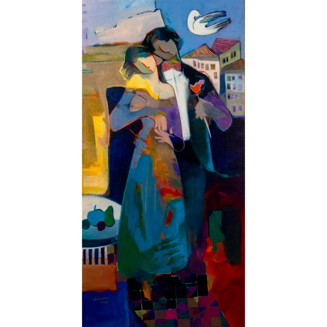 Hessam Abrishami (b. 1951) Giclee, A Venice Night: Giclee on canvas; limited edition 27 of 295. Captures a loving embrace of woman and her beau on a moonlit roof Striking piece in cool colors of blues, purples and greens. Signed Hessam and numbered lo