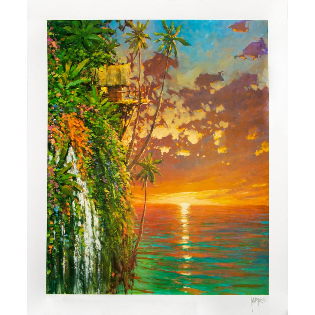 Marko Mavrovich (Croatian b. 1960) Signed Seriolithograph: Title: I Think of You this Time of Day. Unframed print. Depicts a lovely ocean sunset beside an island cliff. Signed lower right. Certificate of Authenticity included. Marko Mavrovich, a California-ra