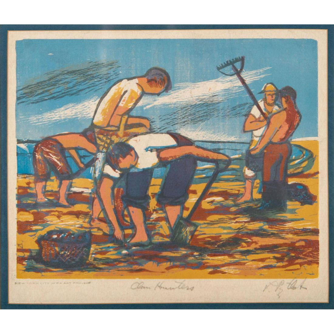 Leonard Pytlak (1910-1998) Ink on Paper, Clam Hunters: Depicting several men hunting clams near the ocean; created for the New York City WPA Art Project. Leonard Pytlak was an American printmaker who studied at the Newark School of Fine and Industrial Art