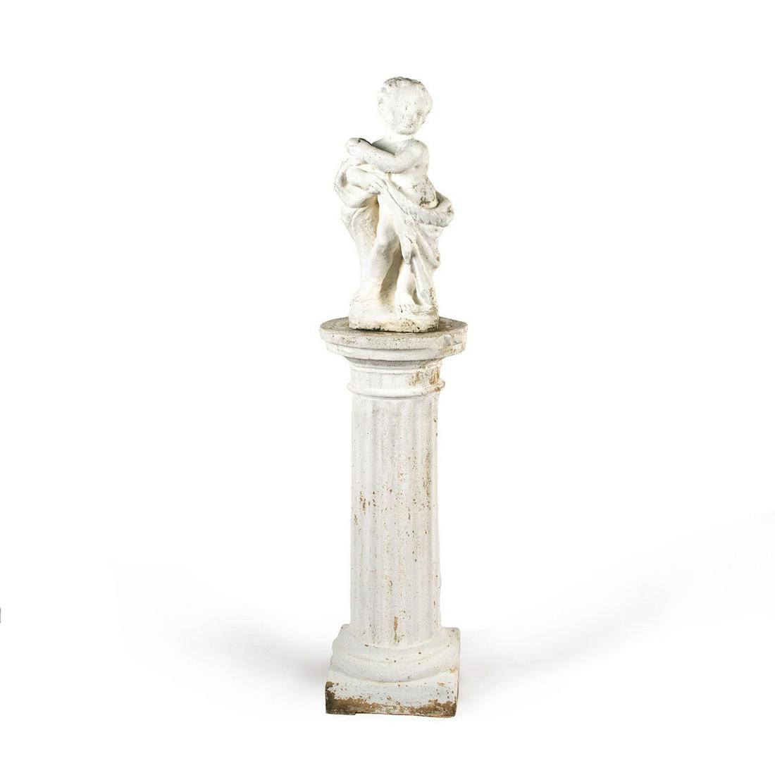 Concrete Garden Pillar with Statue of Child: Heavy WHITE STATUE OF ROBED CHILD. Chipping to concrete Issued: 20th c. Dimensions: 54"H