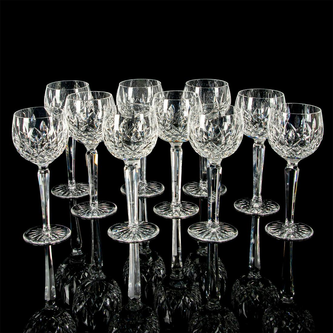 10pc Waterford Crystal Hock Wine Glasses, Lismore: Set of 10 clear crystal hock wine glasses in the Lismore pattern, made up of vertical cuts with multisided stems. Marked Waterford on the bottom. #waterford #waterfordcrystal #lismore #wineglass Issue