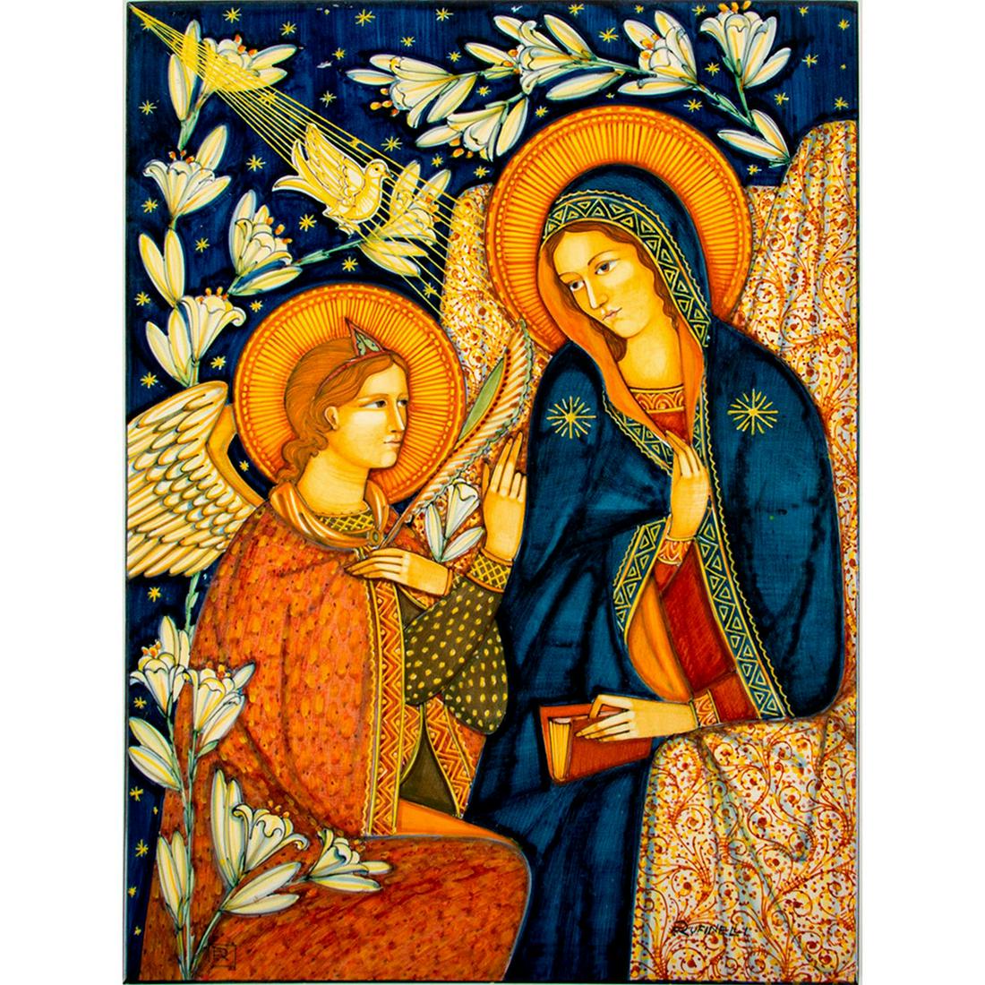 Italian Semigres Franco Rufinelli Tile, The Annunciation: Beautifully hand-painted religious decorative tile. F. Rufinelli signature on lower right corner. FR monogram on lower left corner. "Semigres" and "Made in Italy" impressed on back. #Rufinelli #Virgin
