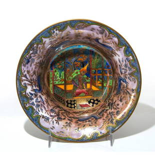 Wedgwood Fairyland Lustre Bowl, Nizami Pattern: Exquisitely designed footed lustre bowl; Nizami pattern Z5485; encircling scene of deer to border. Polychrome; extensive gilding. Wedgwood backstamp. #bowl Artist: Daisy Makeig Jones Issued: 20th c. D