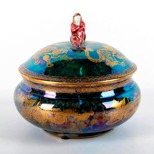 Wedgwood Dragon Lustre Puff Box and Cover: A Vintage lustre bowl and lid with Dragons to side panels and Tigers to Lid. With Maiden / Nymph to Lid. #vintagewedgwood #fairylandluster Artist: Daisy Makeig-Jones (British, 1881-1941) Issued: 1920s