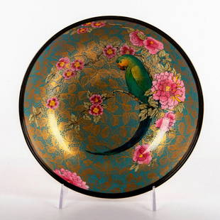 Rare Royal Doulton Ceramic Bowl, Parrot: Exquisitely designed bowl with highly detailed interior depicting a parrot amongst flowers. Blue lustre ground with extensive gilded patterned design of leaves; parrot on branch. Doulton backstamp.