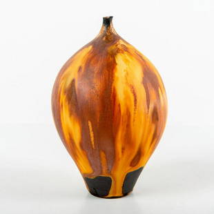 Rose Cabat American (1914 - 2015) Studio Pottery Feelie Vase: Onion skin brown glazed ceramic vase; bulbous body; small neck. Etched Cabat on base. Rose Cabat was best known for her innovative glazes upon small porcelain vessels called feelies. They were often i