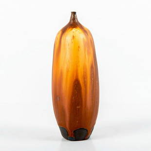 Rose Cabat American (1914 - 2015) Studio Pottery Feelie Vase: Onion skin brown glazed ceramic vase. Slender body; small neck. Etched Cabat on base. Rose Cabat was best known for her innovative glazes upon small porcelain vessels called feelies. They were often i