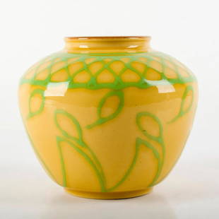 Royal Doulton Stoneware Vase X8864: Bulbous form; yellow glazed body with green tubed design. Impressed X8864 5073 on underside. Doulton impressed backstamp. Weight: 2 lbs #vase Issued: 20th c. Dimensions: 5.25"H Manufacturer: Royal