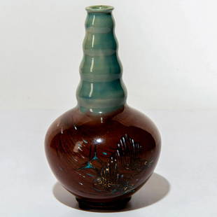 Doulton Lambeth Stoneware Miniature Vase, Marlins: Hand-painted marlins in expressive black lines with blue, red, white and gold accent colors. Doulton Lambeth backstamp. Weight - 7.4oz. Age related wares. Small scratch on the body. Overall good condi