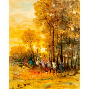 Stefanos Sideris (1921-1978) Oil on Canvas, Autumn Travels: Warm color palette; delicate brush strokes; depicting a group of women in a forest. Housed in ornate gold frame. Signed lower left, oil. Age related wear to frame. Sight size: 29.25"H x 23.25"W.