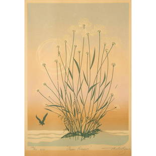 Michael James Limited Edition Print, Ocean Flowers: Framed art print, 1983; limited edition 596 of 950. Numbered lower left, Titled in center and signed by artist in pencil Silver tone frame. Sight size: 22.75"H x 17"W. Frame: 28.25"H x 22.25"W x 0.75"