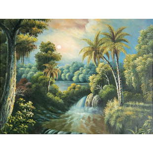 Original Oil Painting on Canvas, Tropical Landscape: Depicting river stream and diverse forest in beautiful coloration of green, blue, red and brown. Gold ornate wooden frame. Hand-signed in paint by artist on lower left corner. "Certificate of Authenti