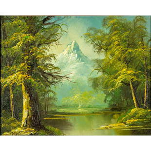 T. Williams, Oil On Canvas, Signed, Landscape: Framed painting on canvas. Forested landscape lining waters; mountain in background. Painted signatures in lower right. Housed in wooden frame. Sight size: 7.5"H x 9.5"W. Frame: 15.5"H x 17.5"W.