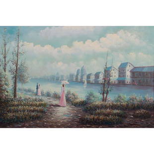 C. Hunter, Signed Oil On Canvas, Landscape: Impressive painting on canvas; housed in wooden frame. Extensive landscape scene with men and women enjoying the view. Signed lower right in paint. Sight size: 23.25"H x 35.25"W. Frame: 31"H x 43"W. W