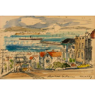 John L Checkley (American 1922 - 1991) Gouache on Paper, Hyde Street: Original Gouache on Paper. Hyde Street, San Francisco, California. John L Checkley was born in New Zealand. He is well known for his colorful scenes of San Francisco as early as the 1950s. Checkley's