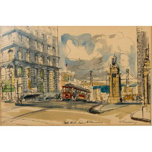 John L Checkley (American 1922 - 1991) Gouache on Paper, Nob Hill: Original Gouache on Paper of Nob Hill, San Francisco, California. John L Checkley was born in New Zealand. He is well known for his colorful scenes of San Francisco as early as the 1950s. Checkley's w