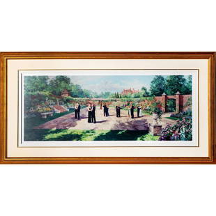 Peter Etril Snyder (Canadian 1944-2017) Signed Dancing with Friends at the Millenium Print: Long print framed with gorgeous linen matt and gold trim. Couples dance at a ball outdoors. Signed, titled and numbered 3/100. This mural was commissioned to celebrate the millennium. Artist: Peter