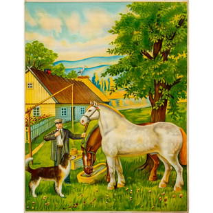 Vintage Lithuanian Poster, Untitled L31: Original Lithuanian poster depicting a countryman with his dog and two horses. Bottom left marked L31. Artist unknown. Water damage and tearing. #poster #art #lithuania Issued: c. 1940 Dimensions: