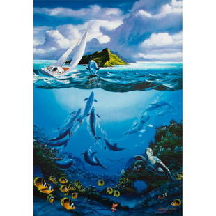 Michael Nelson (American b.1945) Fine Art Print: Title: Passage to paradise. Unframed large colored poster. Numbered on lower left corner: 148/250. Mike Nelson was born in 1945 in Sacramento, California. Many of his marine paintings were published